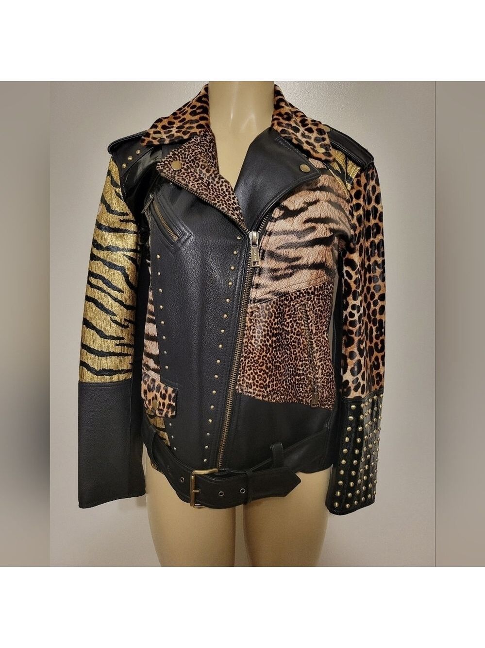 Michael Kors Leather Belt Jacket Chettah Animal Print Fur Studded Biker Jacket